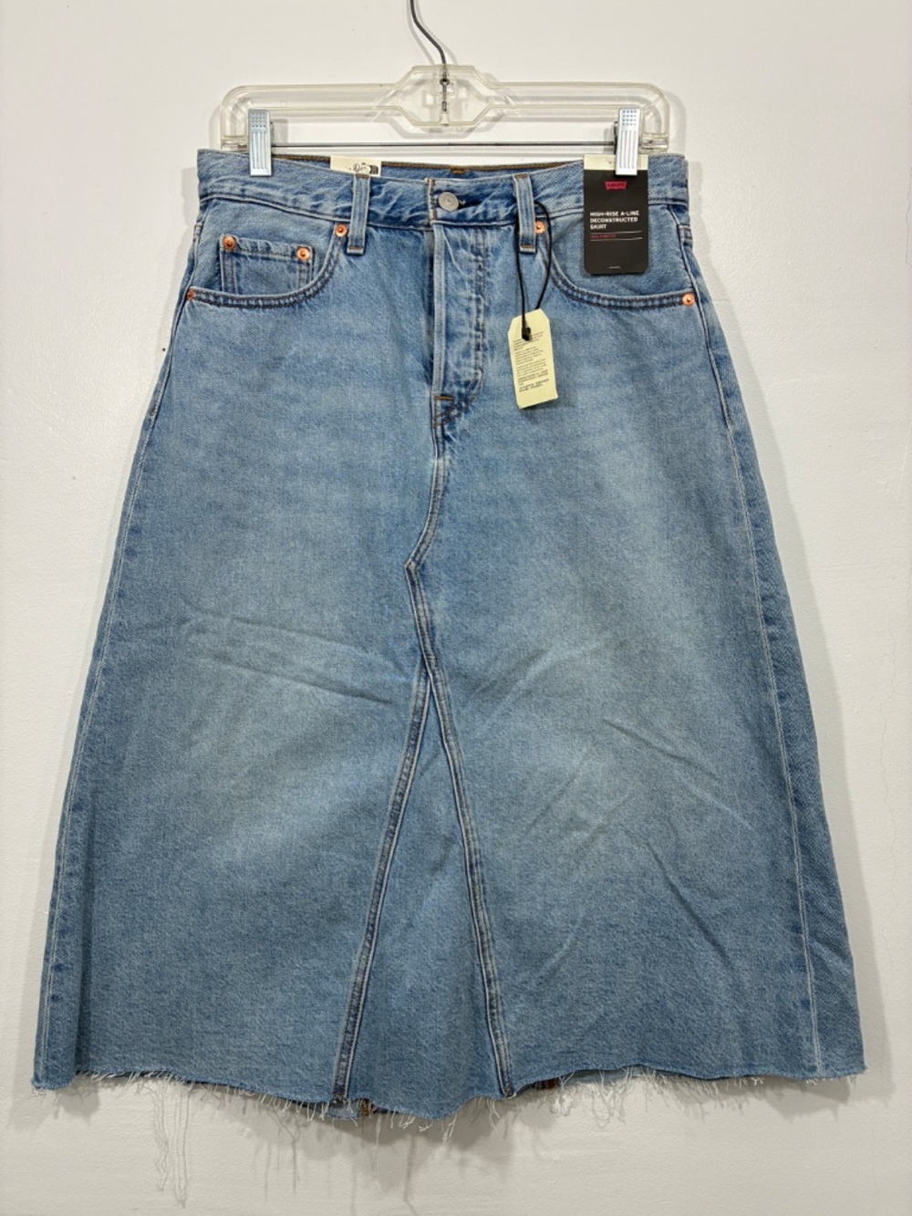 Levi's Premium High Rise A-Line Deconstructed Denim Skirt Midi Button Fly 28 - Picture 5 of 12